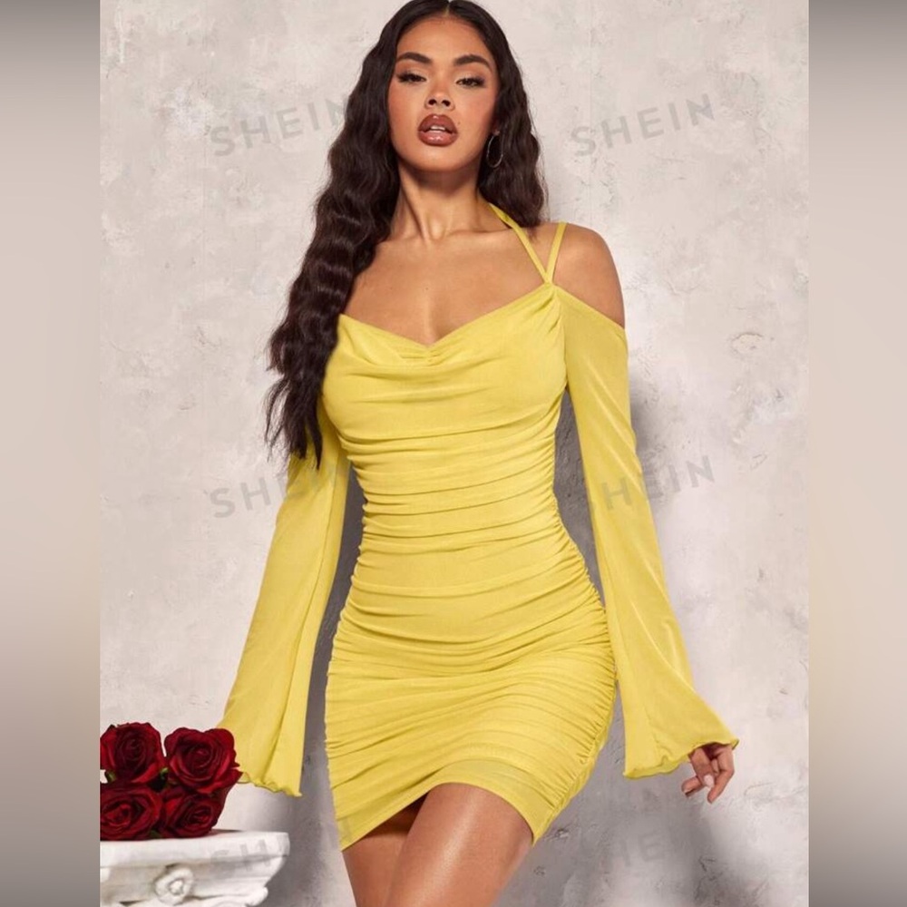Mesh ruffle stand collar A-line halter neck long sleeve mini
